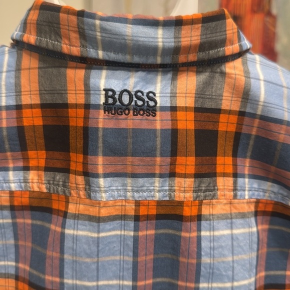 HUGO BOSS Orange and Blue Plaid Regular Fit Stretch Casual Button Down Shirt L - Picture 3 of 7